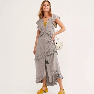 Free People FP Beach Amelia Tiered Ruffle Maxi Dress Gray Button Front
